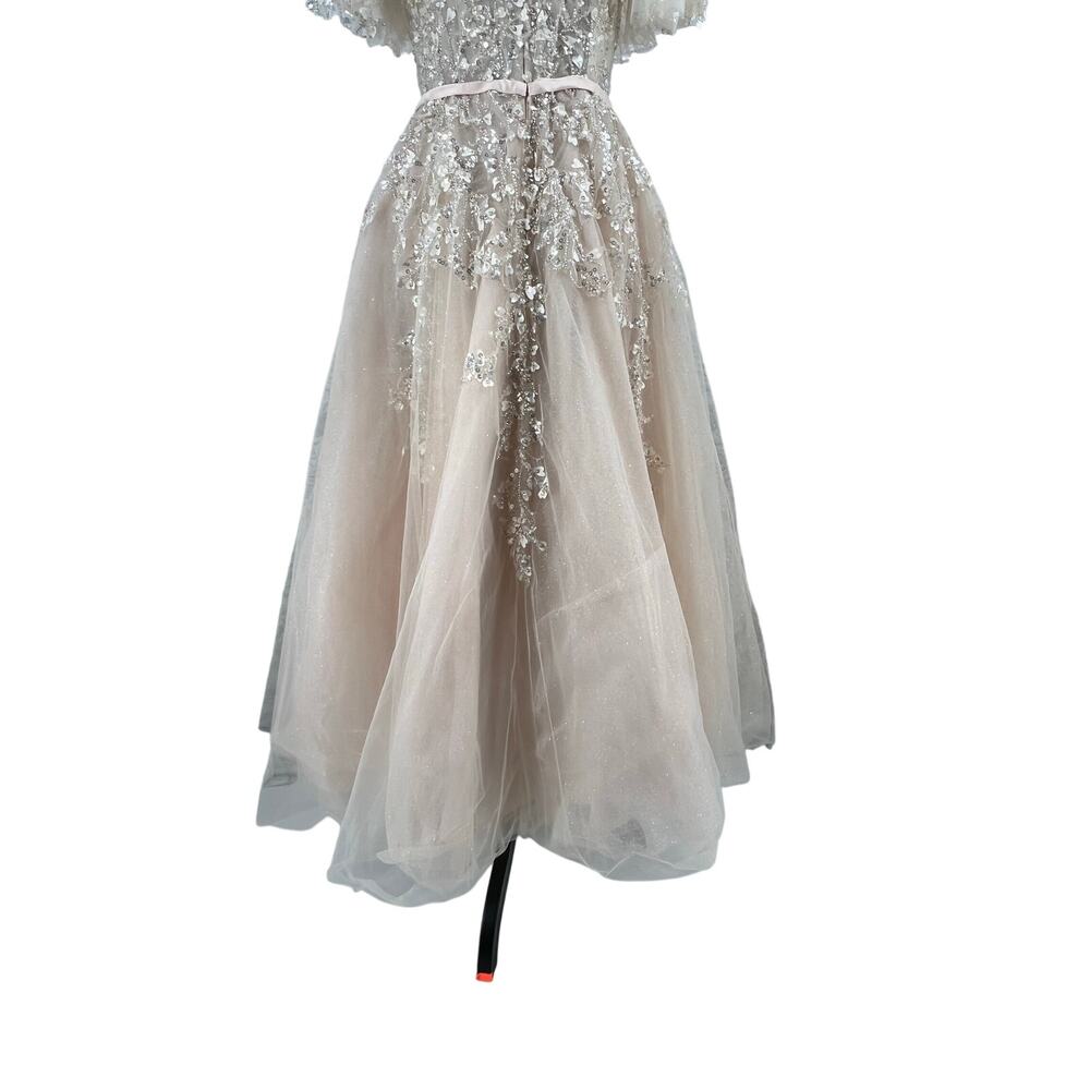 Mac Duggal 20362 Beige Embellished Flutter Sleeve Bow Waist A-Line Gown size 6 - Picture 4 of 14